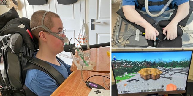 Chris_1024x512 Seated boy with ventilator playing Minecraft with adapted gaming setup