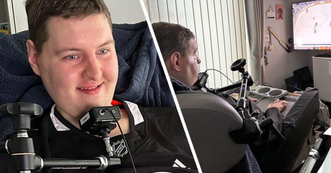 robosd Smiling seated man using chin and finger controls to play ice hockey game