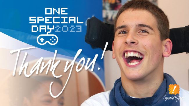 Close up of smiling young man alongside Thank You text