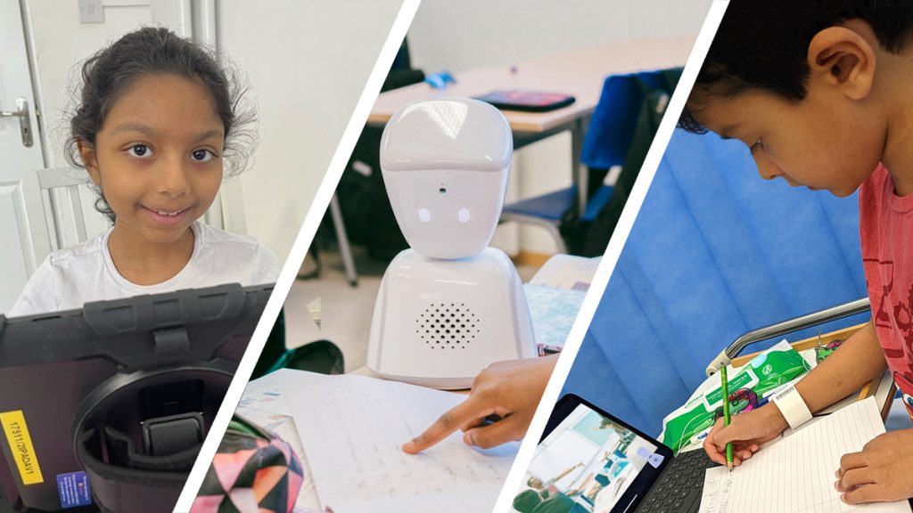 Three images: two young children looking at screens and a small robot on a schooldesk