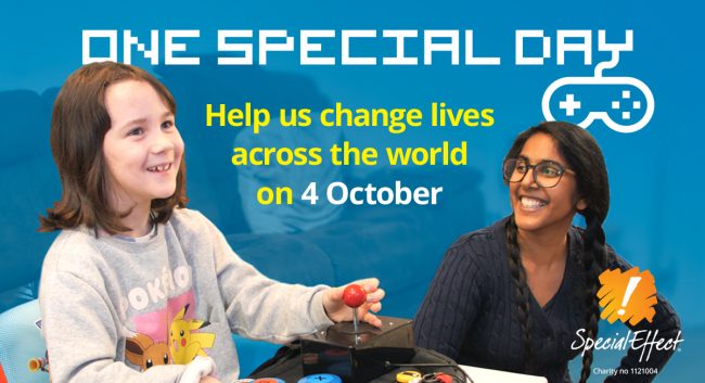 OSD24 JustGiving Image Long Smiling young girl playing games with an adapted setup, watched by a smiling woman.