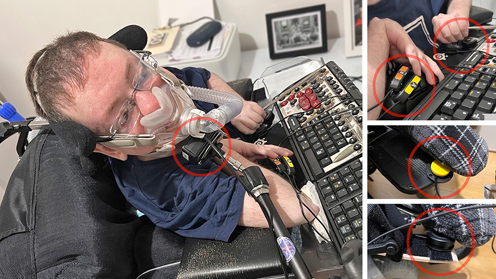 Man in wheelchair on a ventilator using an adapted gaming setup. The controls are highlighted.