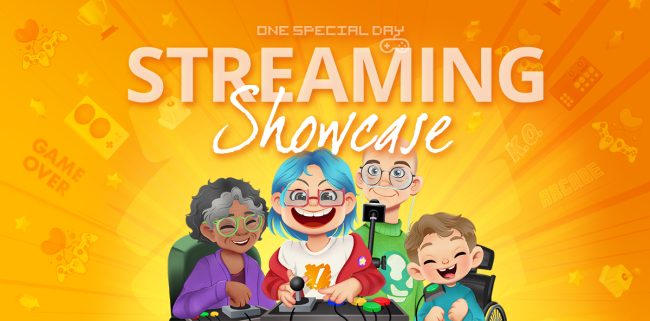 StreamShowcase_temp Cartoon image of four smiling gamers of different ages, using adapted gaming technoloogy. Text above reads: One Special Day. Streaming Showcase