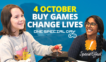 Call to action to buy and donate, surrounded by a smiling girl using a joystick, watched by a smiling woman