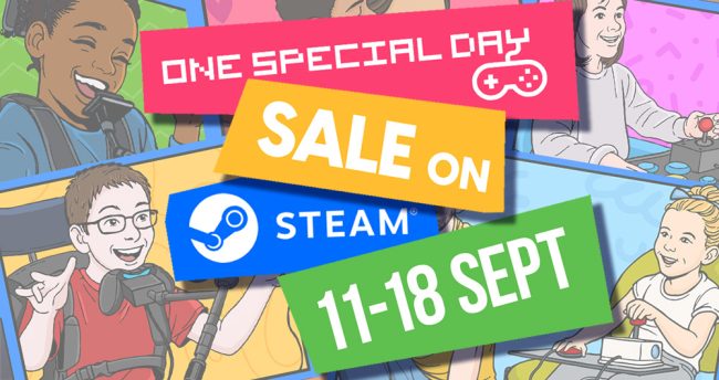 steam sale for Newsletter Title montage of smiling faces, text reads One Special Day Sale on Steam, 11-18 September